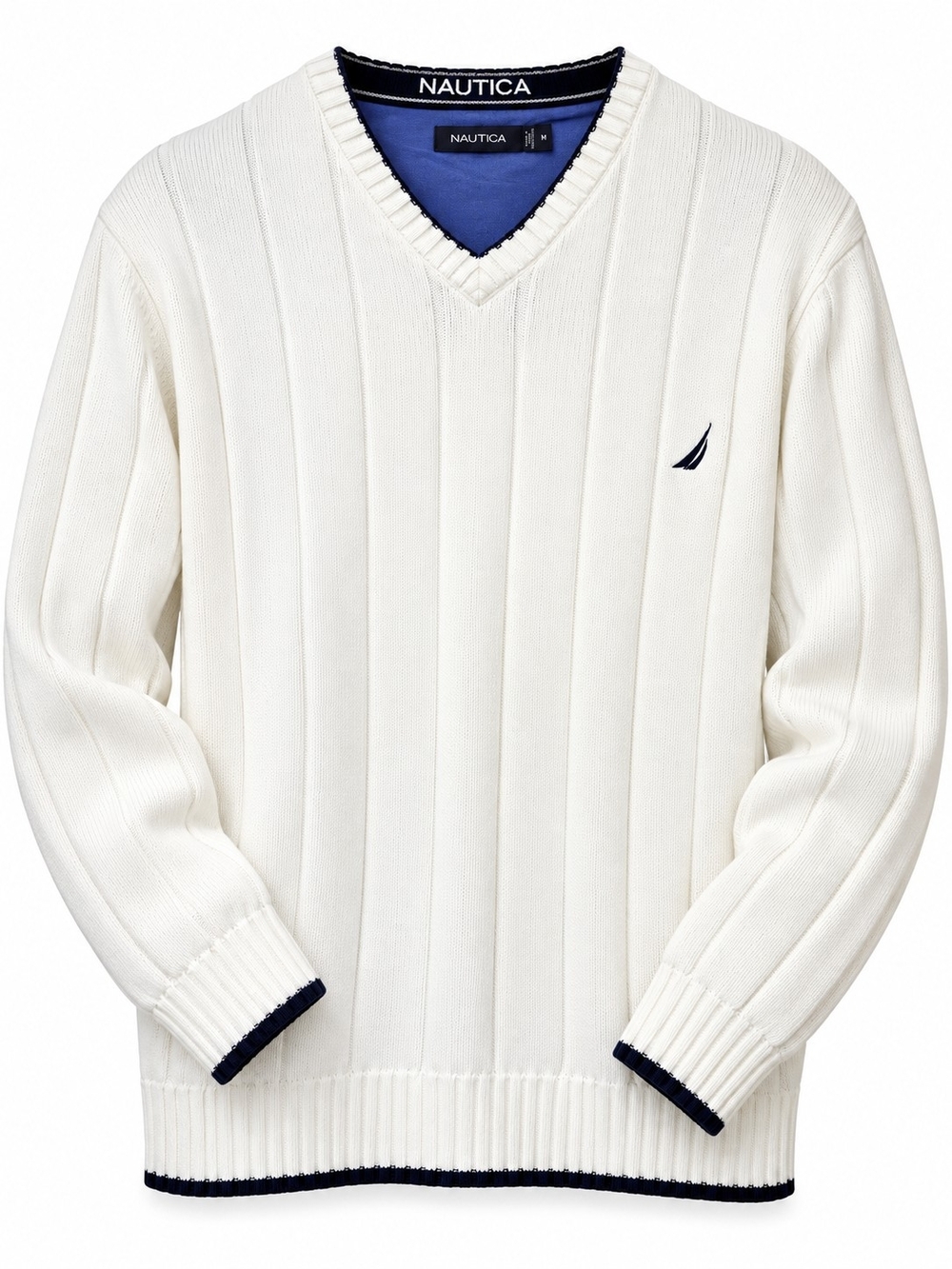 Nautica Men’s M White Cotton Ribbed V-Neck Sweater Navy Trim Logo